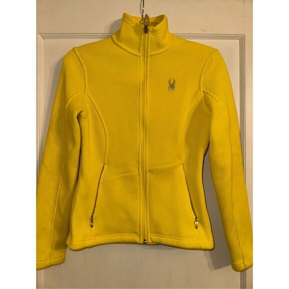 Spyder Core Sweater Jacket Womens S Yellow Full Zip Pockets Logo Mock Neck - Picture 1 of 5